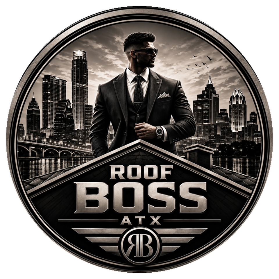 The Roof Boss ATX badge: the Austin skyline behind a roof gable, above the Roof Boss ATX wordmark and winged RB monogram.