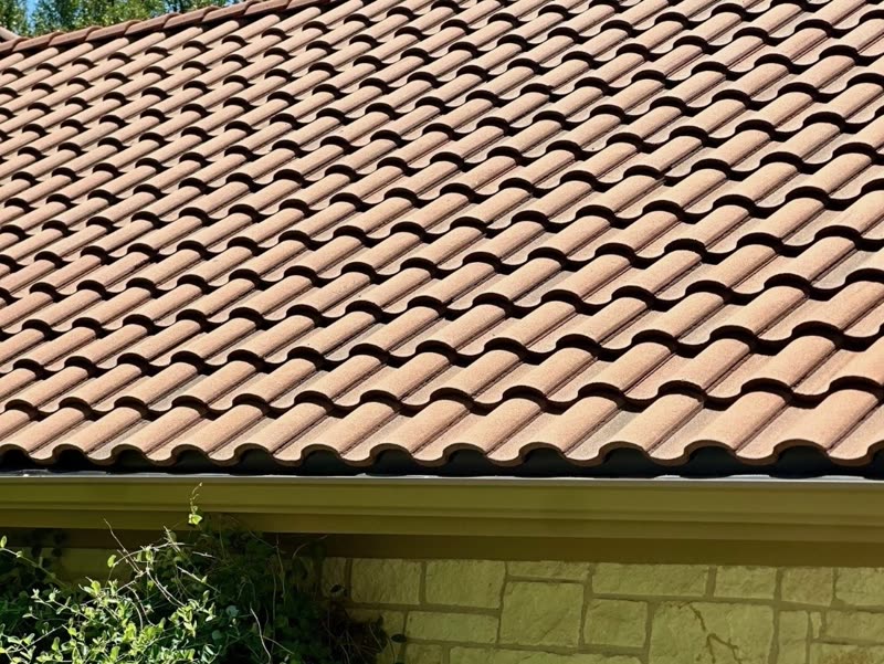 Clay barrel tile roof over a limestone wall, showing straight courses and a clean eave line.